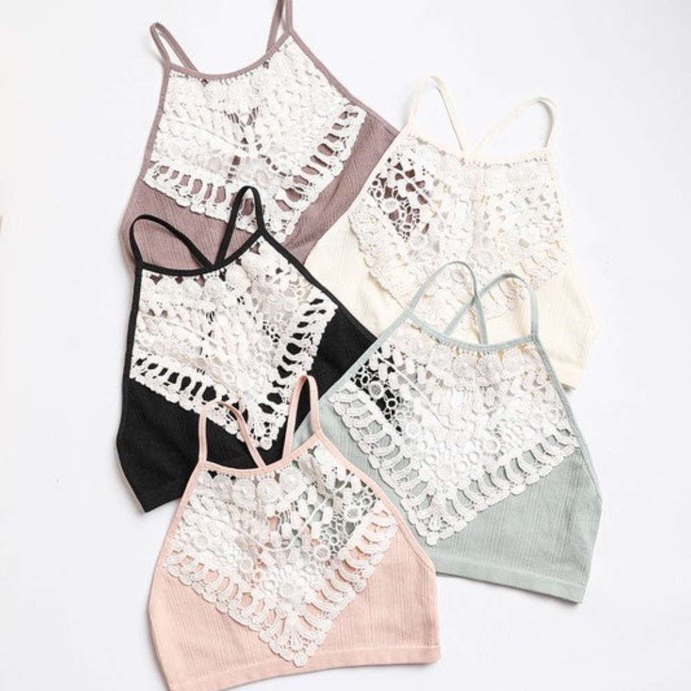 Black Ivory Mocha Sage Blush Boho Crochet Lace Detail High Neck Bralette
